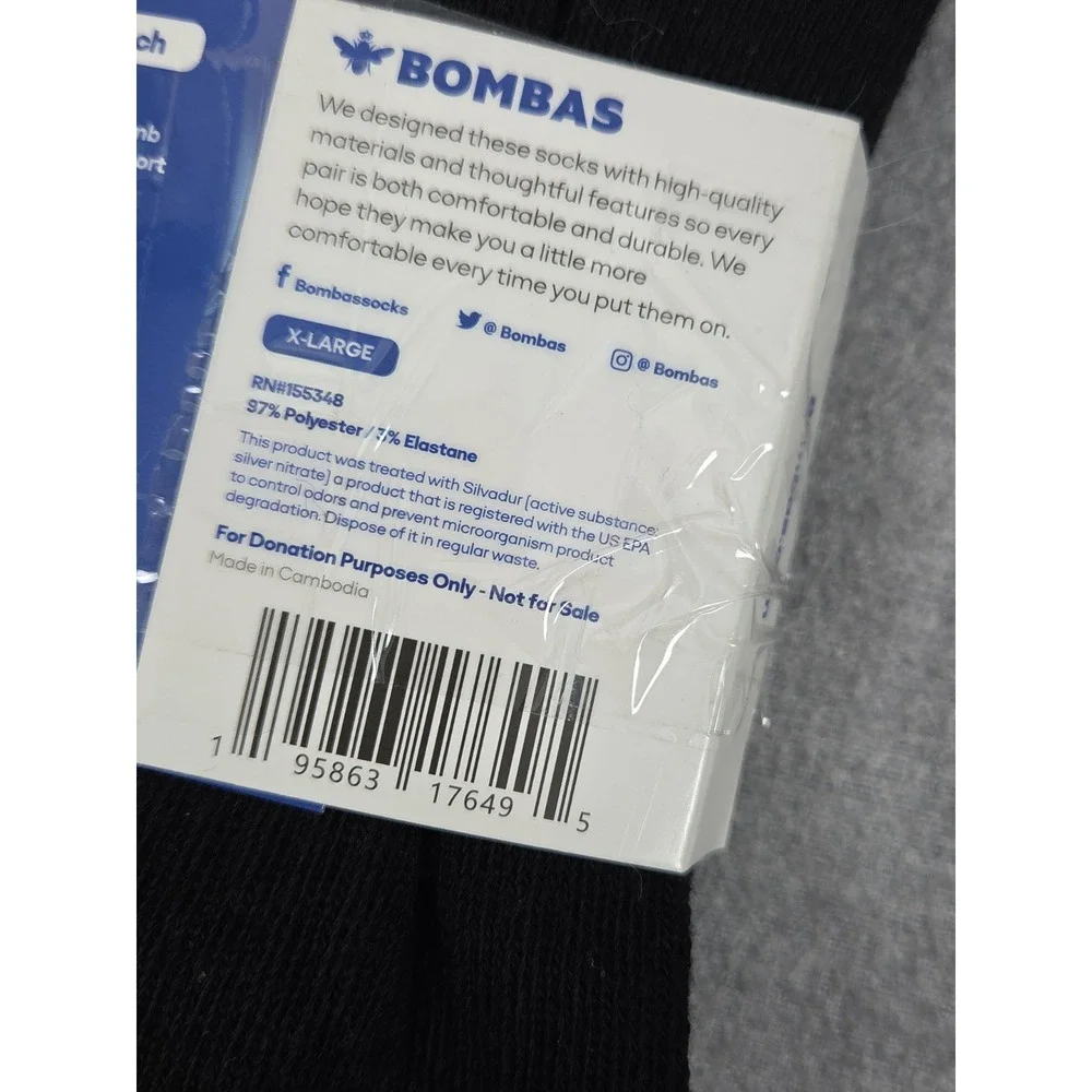 BOMBAS Black Crew Socks Honeycomb Poly Blend Unisex XL Cushioned Comfort NEW